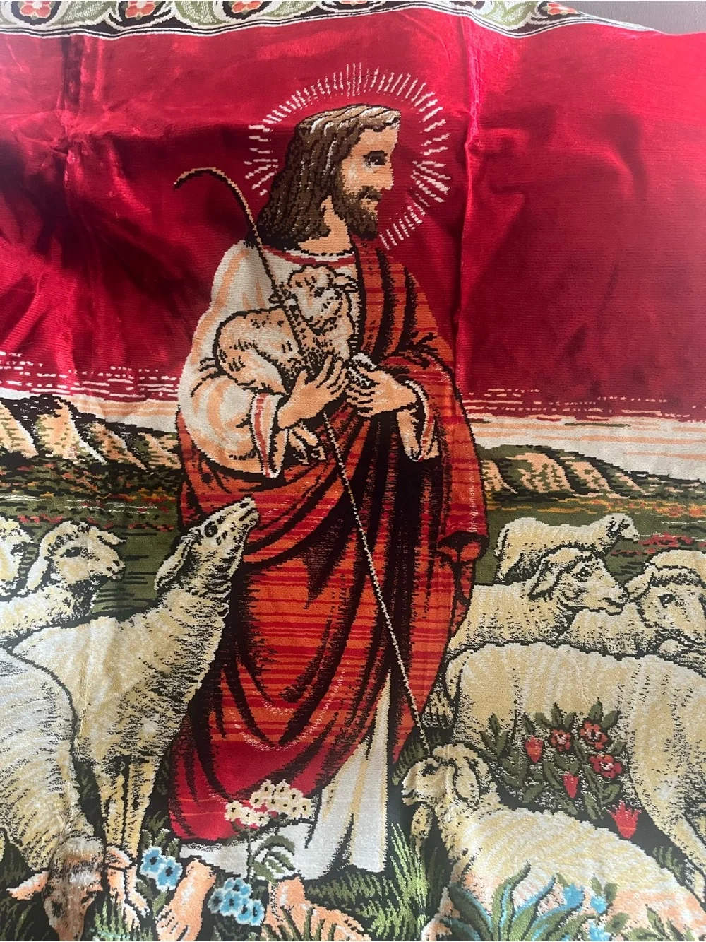 Amazing VinyReligious Shepherd Tapestry in Red and Cream